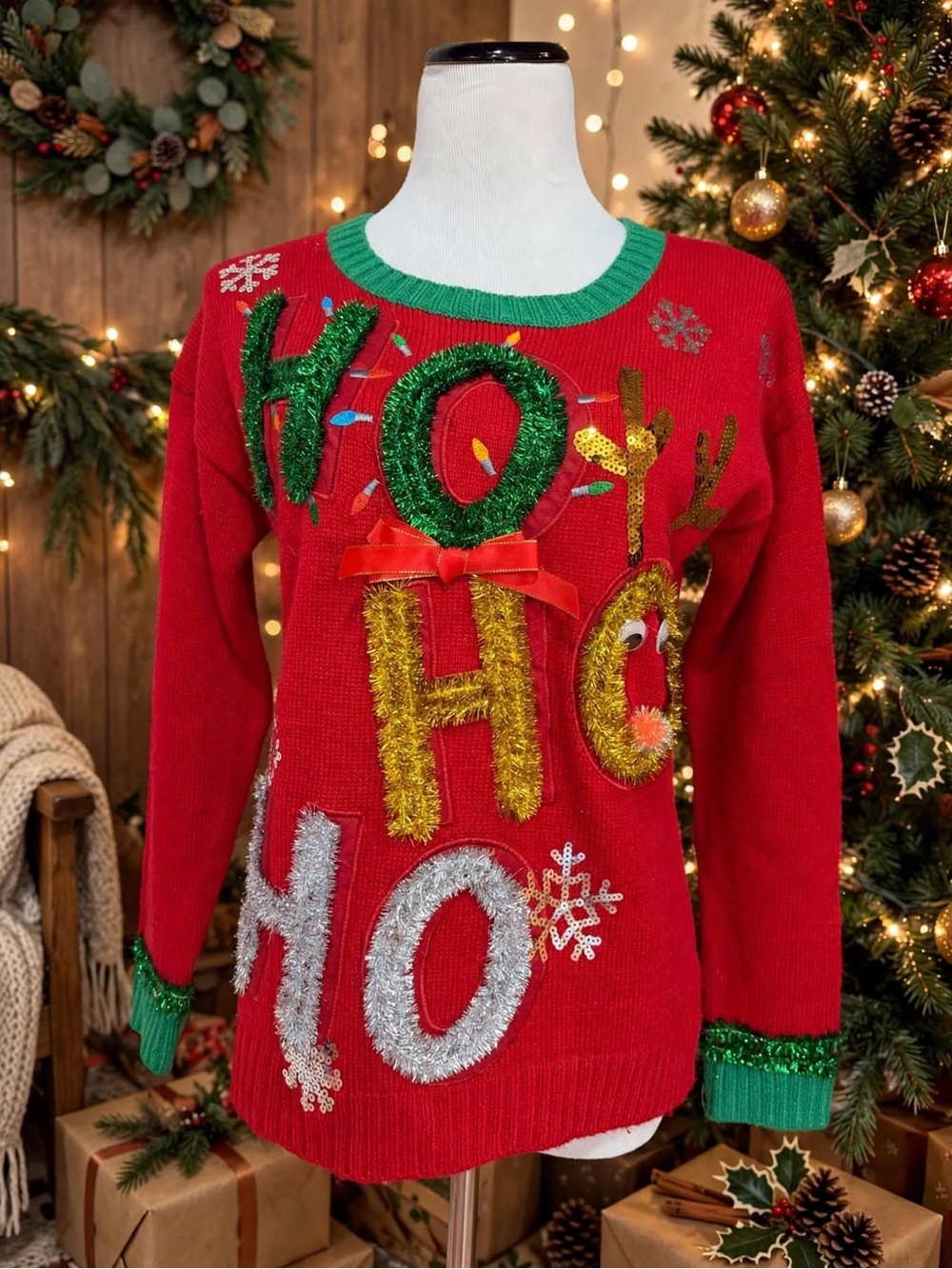 Festive Red 'Ho Ho Ho' Tinsel Ugly Christmas Sweater size medium